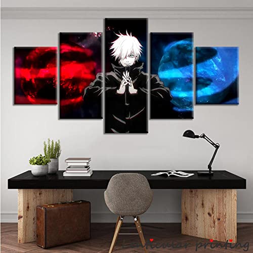 Wondbeau Leinwanddrucke Modulare Wandkunst Wandaufkleber 5 Teiliges Wandbild Druck auf Leinwand Malerei Moderne Abstrakte Poster Mit Rahmen M/100cm×50cm Anime-Jujutsu Kaisen,Gojo Satoru von Wondbeau