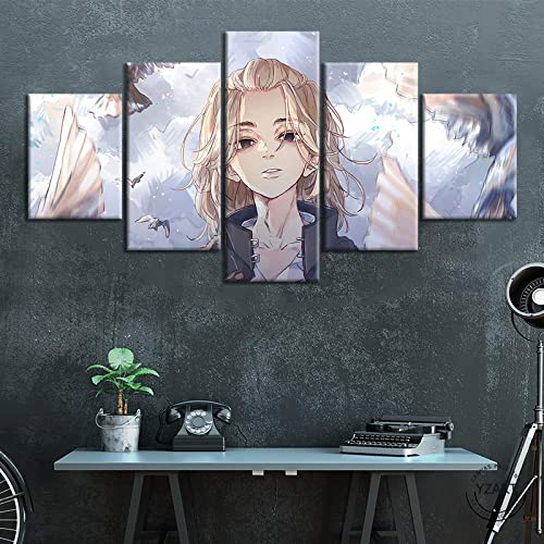 Wondbeau Leinwanddrucke Modulare Wandkunst Wandaufkleber 5 Teiliges Wandbild Druck auf Leinwand Malerei Moderne Abstrakte Poster Mit Rahmen M/100cm×50cm Anime Tokyo Revengers von Wondbeau