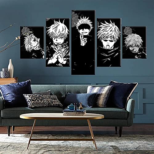 Wondbeau Leinwanddrucke Modulare Wandkunst Wandaufkleber 5 Teiliges Wandbild Druck auf Leinwand Malerei Moderne Abstrakte Poster Mit Rahmen M/100cm×50cm Jujutsu Kaisen,Gojo Satoru Und Yuji von Wondbeau