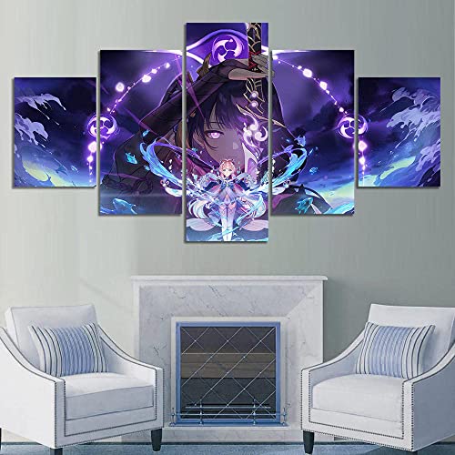 Wondbeau Leinwanddrucke Modulare Wandkunst Wandaufkleber 5 Teiliges Wandbild Druck auf Leinwand Malerei Moderne Abstrakte Poster Mit Rahmen M/100cm×50cm Raiden Shogun Kokomi Genshin Impact von Wondbeau