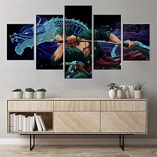 Wondbeau Leinwanddrucke Modulare Wandkunst Wandaufkleber 5 Teiliges Wandbild Druck auf Leinwand Malerei Moderne Abstrakte Poster Mit Rahmen M/100cm×50cm Roronoa Zoro,Anime One Piece von Wondbeau