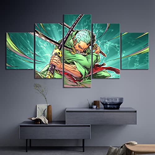 Wondbeau Leinwanddrucke Modulare Wandkunst Wandaufkleber 5 Teiliges Wandbild Druck auf Leinwand Malerei Moderne Abstrakte Poster Mit Rahmen M/100cm×50cm Roronoa Zoro,One Piece Anime von Wondbeau