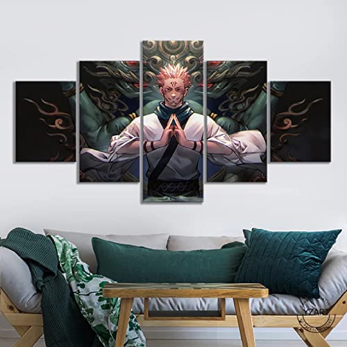 Wondbeau Leinwanddrucke Modulare Wandkunst Wandaufkleber 5 Teiliges Wandbild Druck auf Leinwand Malerei Moderne Abstrakte Poster Mit Rahmen M/100cm×50cm Sukuna,Jujutsu Kaisen Animation von Wondbeau