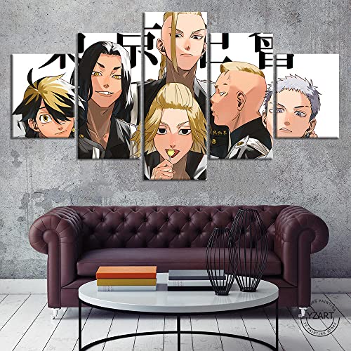 Wondbeau Leinwanddrucke Modulare Wandkunst Wandaufkleber 5 Teiliges Wandbild Druck auf Leinwand Malerei Moderne Abstrakte Poster Mit Rahmen M/100cm×50cm Tokyo Revengers,Anime-Charaktere von Wondbeau