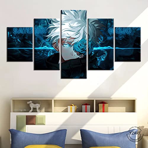 Wondbeau Leinwanddrucke Modulare Wandkunst Wandaufkleber 5 Teiliges Wandbild Druck auf Leinwand Malerei Moderne Abstrakte Poster Mit Rahmen S/75cm×40cm Animationsjunge Gojo Satoru,Jujutsu Kaisen von Wondbeau