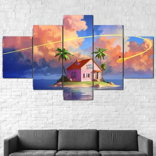 Wondbeau Leinwanddrucke Modulare Wandkunst Wandaufkleber 5 Teiliges Wandbild Druck auf Leinwand Malerei Moderne Abstrakte Poster Mit Rahmen S/75cm×40cm Anime Dragonball,Kame House von Wondbeau