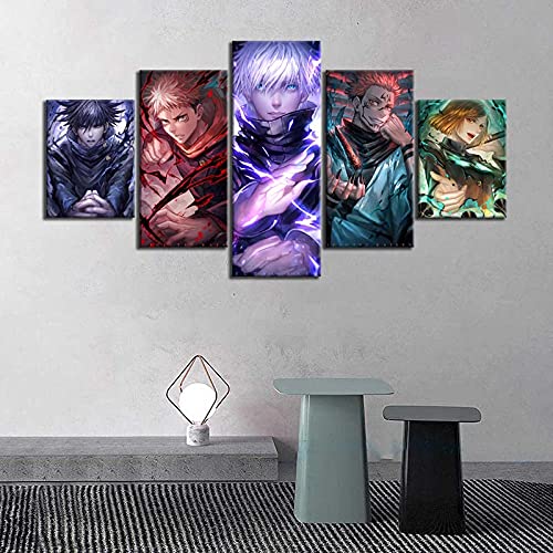 Wondbeau Leinwanddrucke Modulare Wandkunst Wandaufkleber 5 Teiliges Wandbild Druck auf Leinwand Malerei Moderne Abstrakte Poster Mit Rahmen S/75cm×40cm Anime-Jujutsu Kaisen,Yuji Gojo Sukuna von Wondbeau