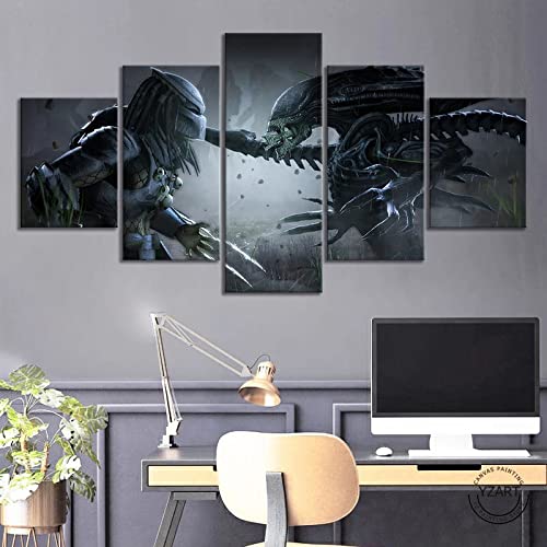 Wondbeau Leinwanddrucke Modulare Wandkunst Wandaufkleber 5 Teiliges Wandbild Druck auf Leinwand Malerei Moderne Abstrakte Poster Mit Rahmen XL/200cm×100cm Alien Vs Predator von Wondbeau