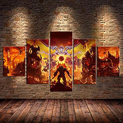 Wondbeau Leinwanddrucke Modulare Wandkunst Wandaufkleber 5 Teiliges Wandbild Druck auf Leinwand Malerei Moderne Abstrakte Poster Mit Rahmen XL/200cm×100cm Doom Eternal,Für Sofa-Hintergrund von Wondbeau