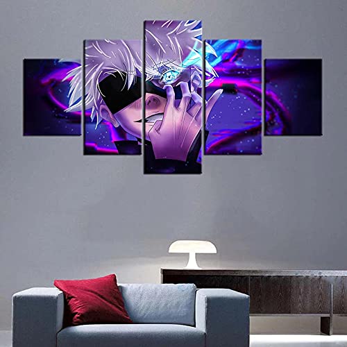 Wondbeau Leinwanddrucke Modulare Wandkunst Wandaufkleber 5 Teiliges Wandbild Druck auf Leinwand Malerei Moderne Abstrakte Poster Mit Rahmen XL/200cm×100cm Jujutsu Kaisen Gojo von Wondbeau