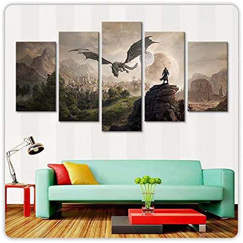 Wondbeau Poster & Kunstdrucke 5 Stück Leinwandelder Scrolls 4 Skyrim-Spiel 150×80Cm Kein Rahmen 5 Panel Kunstdrucke Wandbild Malerei Modulare Wohnkultur Bürodekoration von Wondbeau