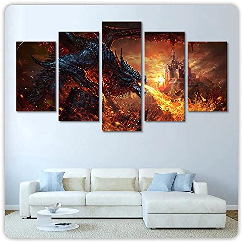 Wondbeau Poster & Kunstdrucke 5 Stück Leinwandfire Dragon World Of Warcraft-Spiel 150×80Cm Mit Rahmen 5 Panel Kunstdrucke Wandbild Malerei Modulare Wohnkultur Bürodekoration von Wondbeau