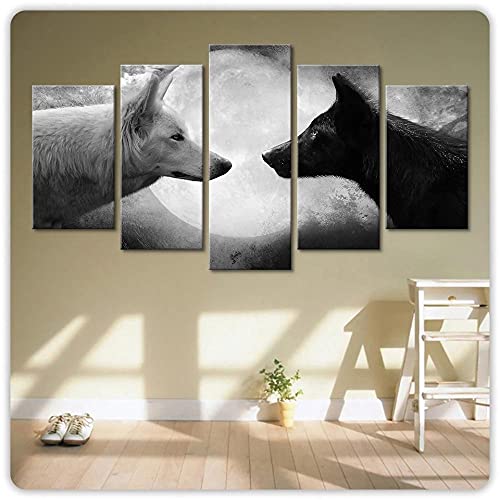 Wondbeau Poster & Kunstdrucke 5 Stück Leinwandschwarzer Wolf Weißer Wolf Mond 150×80Cm Kein Rahmen 5 Panel Kunstdrucke Wandbild Malerei Modulare Wohnkultur Bürodekoration Wondbeau Poster & Kunstdrucke 5 Stück Leinwandschwarzer Wolf Weißer Wolf Mond 150×80Cm Kein Rahmen 5 Panel Kunstdrucke Wandbild Malerei Modulare Wohnkultur Bürodekoration von Wondbeau