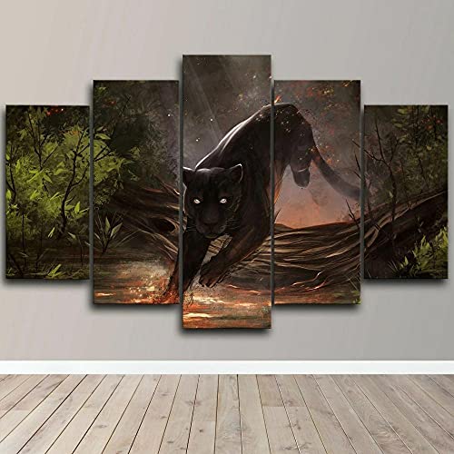 WondbeauPoster And Kunstdrucke Kein Rahmen 150×80Cm Black Panther Cat 5 Stück Leinwand Wandkunst Natur Tierdruck Wohnkultur Hd Bilder 5 Panel Poster Gemälde von Wondbeau