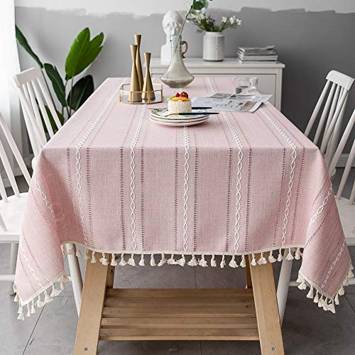 Wondder Tischdecken Baumwoll Leinen Tischdecke Quaste Tischdecke für Party Bankett Esstisch (Rosa gestreifte Mulde, 140x140cm(55x55inch)) von Wondder
