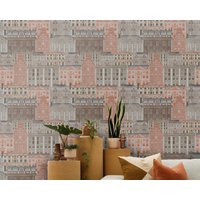 Alte Europa Häuser Tapete, Abnehmbare Orange Braune Architektur Mosaik Boho Decor von Wondeca