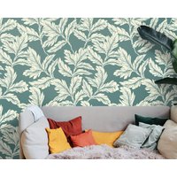 Blätter Auf Einem Türkis Hintergrund Wallpaper, Abnehmbare Tapete, Beige Grüne Pflanzen Tapete von Wondeca