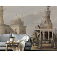 Elefantenturm Tapete, Abnehmbare Beige Graue Antike Bunte Schlafzimmer Tapete von Wondeca