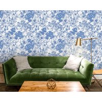 Tapete Blaue Blumen, Abnehmbare Tapete, Weiße Florale Etno Schlafzimmer von Wondeca