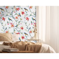 Vögel Unter Den Blumen Wallpaper, Abnehmbare Tapete, Rosa Blaue Blumentapete, Tier Wanddekor von Wondeca