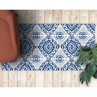 Sky Ethnic Classic Azulejos Vinylmatte, Blaue Vinylbodenmatte, Weißer Bodenbelag, Fliesen-Pvc-Matte, Leicht Zu Reinigen, Vinylbodenbelag von WondecaFloor