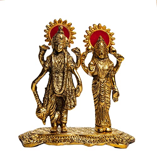 Wunder Pflege | Lakshmi Narayan-Statue mit großem Detail in Elfenbein-Antik-Finish - Laxmi Vishnu-Statue für Wohnkultur | Mandir | Geschenk |Laxmi Narayan Messing-Idole von Wonder Care
