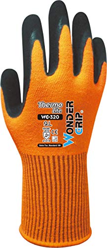 Wonder Grip WG-320 Thermo Lite - Arbeitshandschuhe mit Kälteschutz, doppelte Latexbeschichtung, Anti-Rutsch, Schutzhandschuhe für sicheres Greifen, gr L / 9, Orange von Wonder Grip