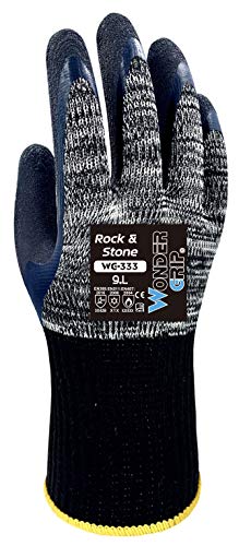 Wonder Grip WG-333 Rock & Stone - Arbeitshandschuh mit doppelter Latexbeschichtung, Schnittsicher, Kälteschutz, Hitzeschutzhandschuhe für sicheres Greifen, gr M / 8, Grau & Schwarz von Wonder Grip