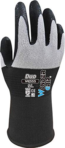 Wonder Grip WG-555 Duo - Arbeitshandschuh mit Nylonmaterial am Handrücken, Nitrilbeschichtung für extra Grip; Stricktechnik, Sicherheitshandschuhe für sicheres Greifen; XXL / 11, Grau / Schwarz von Wonder Grip