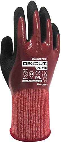 Wonder Grip WG-718 Dexcut - Arbeitshandschuhe, dreifache Nitril Beschichtung, schnittfest, wasserdicht und absolut undurchlässig für Öle und Flüssigkeiten, Gr. L 9 Wg718 Dexcut Wine Red von Wonder Grip