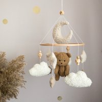 Boucle Krippe Baby Mobile Mit Braunbär Mond Und Sterne Neutral Junge Mädchen Dusche Geschenk Kinderzimmer Dekor von WonderBabyDecor