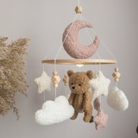 Boucle Baby Mobile Mit Braunem Bären Rosa Mädchen Mobile Wolke Mond Und Kinderzimmer Neutral Babybett von WonderBabyDecor