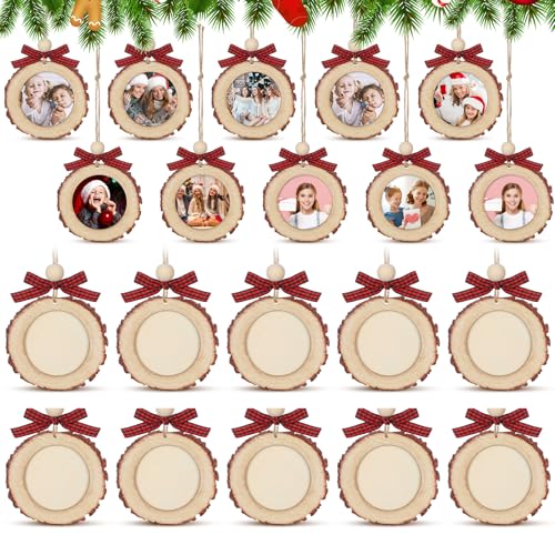 Wonderjune 12 runde Bilderrahmen aus Holz, Weihnachts-Bilderrahmen, Ornamente für Weihnachtsbaum, hängende Foto-Ornamente mit meinen eigenen Fotos (Schleife) von Wonderjune