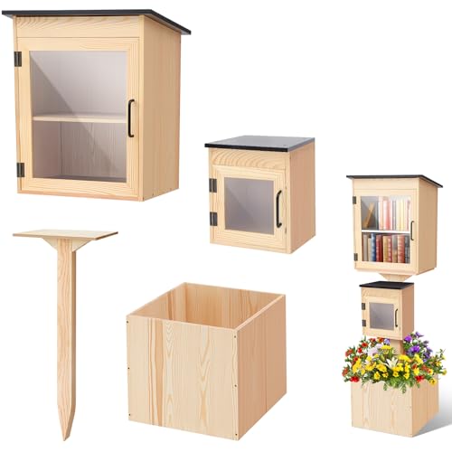 Wonderjune Kleine Bibliotheksbox aus Holz, Freie Bibliothek, eine kleine Box auf den Säulen, doppelte kleine Outdoor-Boxen Aufbewahrung mit Bodenstopfen und kleinem Blumenzaun für Heimwerker Wonderjune Kleine Bibliotheksbox aus Holz, Freie Bibliothek, eine kleine Box auf den Säulen, doppelte kleine Outdoor-Boxen Aufbewahrung mit Bodenstopfen und kleinem Blumenzaun für Heimwerker von Wonderjune