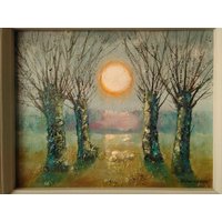 Landschaft Mit Bäumen Und Der Sonne, Malerei Auf Einem Harten Sockel, Acryl, Weißer Rahmen von WonderlandWarehouse