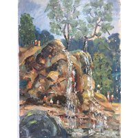 Ölgemälde, Vintage Malerei Auf Pappe, Wasserfall, Landschaft Mit Wasserfall von WonderlandWarehouse