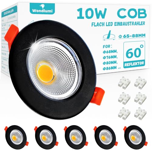 6er LED Einbaustrahler 10W Set LED Spots 230V 4000K Neutralweiß Rund Einbauleuchten Schwarz Matt 65-88mm Lochmaß Deckenspots 850LM für Wohnzimmer von Wondlumi