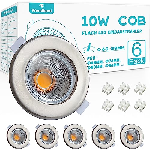 6er LED Einbaustrahler 10W Set Ultra Flach 33mm LED Spot Rund Gebürstet Edelstahl 2700K Warmweiß Deckenspots 850LM für Wohnzimmer von Wondlumi