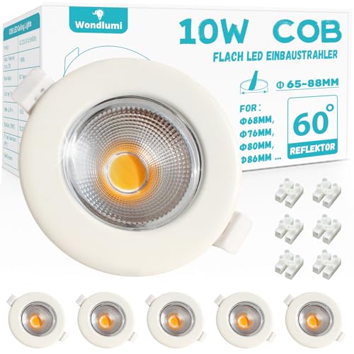 6er LED Einbaustrahler 230V 10W Set LED Spot 2700K Warmweiß Deckenspots Rund Weiß Spots Deckenleuchte 65-88mm Lochmaß 850LM für Küche Wohnzimmer von Wondlumi