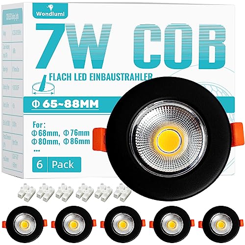 6er LED Einbaustrahler 230V 7W Set Flach 33mm LED Spot Rund Schwarz Matt Einbauleuchten 5000K Kaltweiß 600LM für Schlafzimmer Wohnzimmer von Wondlumi