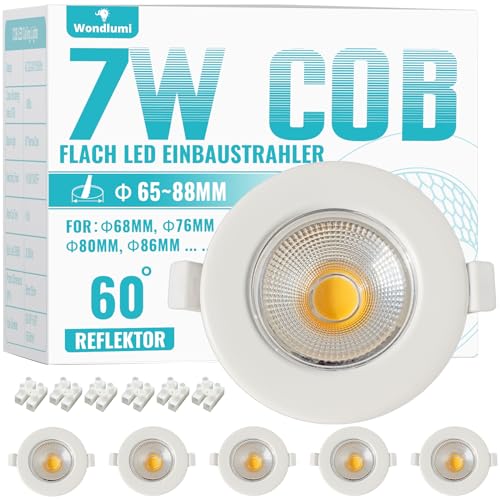 6er LED Einbaustrahler 230V 7W Set LED Spot Weiß Rund Spots Deckenleuchte 4000K Neutralweiß Einbauleuchten 68mm 600LM für Küche Schlafzimmer von Wondlumi