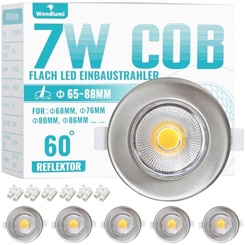 6er LED Einbaustrahler 230V 7W Set LED Spots Gebürstet Edelstahl Rund Deckenspots 5000K Kaltweiß 600LM Einbauleuchten 65-85mm Lochmaß für Schlafzimmer Wohnzimmer von Wondlumi