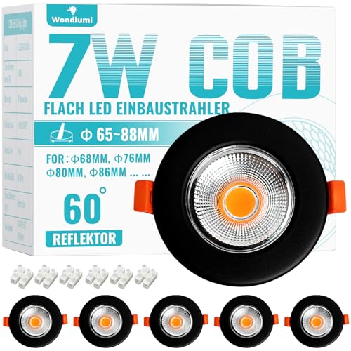 6er LED Einbaustrahler 230V 7W Set Spots Schwarz Matt Rund Deckenspots 5000K Kaltweiß Einbauleuchten 65-85mm Lochmaß 600LM für Wohnzimmer von Wondlumi