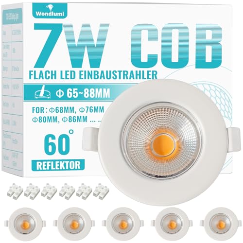 6er LED Einbaustrahler 7W Set LED Spots 230V Weiß Rund Deckenspots 3000K Warmweiß Einbauleuchten 65-85mm Lochmaß 600LM für Küche Wohnzimmer von Wondlumi