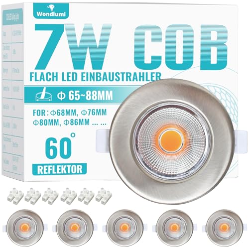 6er LED Einbaustrahler 7W Set LED Spots Gebürstet Edelstahl Rund Deckenspots 3000K Warmweiß 600LM 65-85mm Lochmaß 230V für Wohnzimmer von Wondlumi