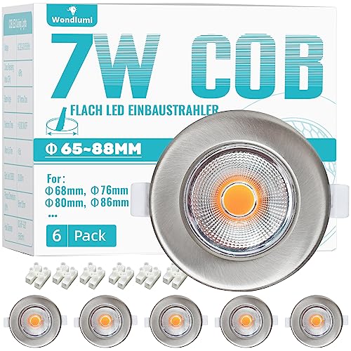 6er LED Einbaustrahler 7W Set Ultra Flach 33mm LED Spot Rund Gebürstet Edelstahl 2700K Warmweiß Deckenspots 600LM für Wohnzimmer von Wondlumi