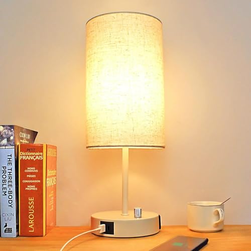 Wondlumi Dimmbar Nachttischlampe mit USB Ladefunktion, Kleine Tischleuchte E27 mit Beige Schirm, Modern Tischlampe für Geschenk Schlafzimmer, inkl. 8W Warmweiß LED-Birne von Wondlumi