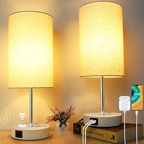 Wondlumi Nachttischlampen 2er Set Schlafzimmer, LED Tischleuchte Touch Dimmbar mit USB Ladefunktion, Modern E27 Tischlampe Beige mit Schirm inkl. 6W Warmweiß LED-Birne von Wondlumi