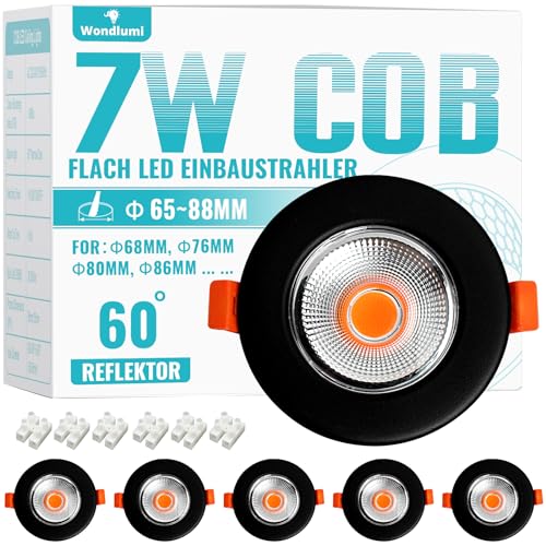 Wondlumi 6er Einbaustrahler LED 7W Set LED Spots 230V Schwarz Matt Rund Deckenspots 2700K Warmweiß 600LM Spots Deckenleuchte 65-85mm Lochmaß von Wondlumi