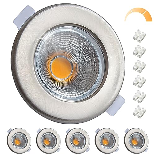 Wondlumi 6er Einbaustrahler LED Flach 10W COB Dimmbar LED Spots 230V Gebürstet Edelstahl Rund Einbauleuchten 3000K Warmweiß 850LM Deckenspots 65-88mm Lochmaß von Wondlumi